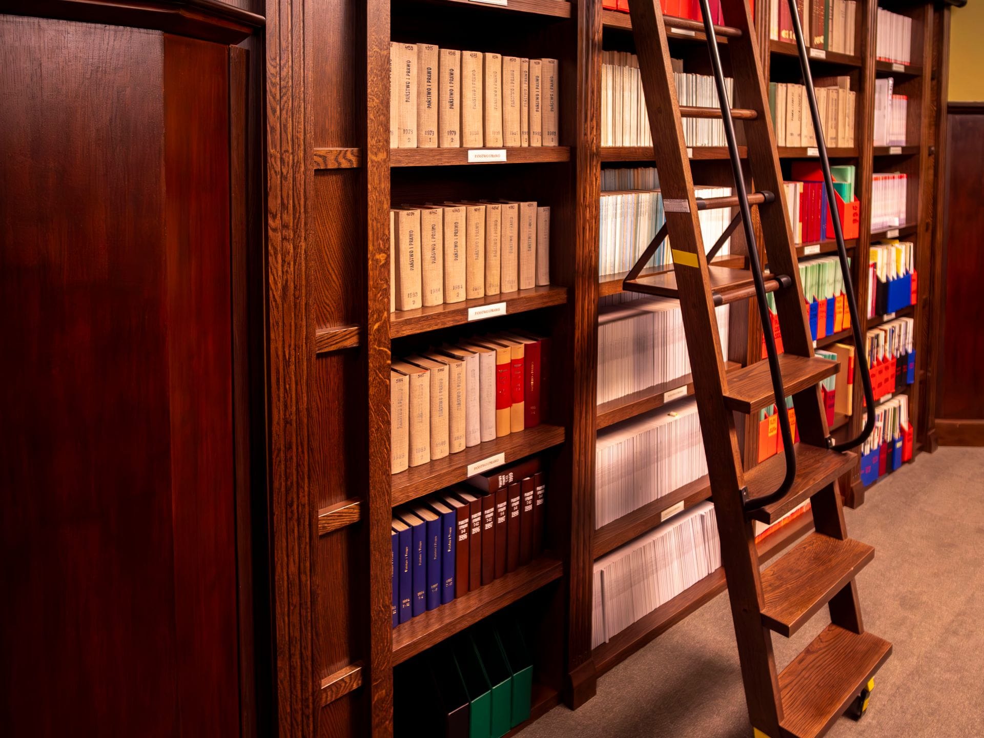 Bespoke oak library shelving with integrated lighting and a rolling ladder