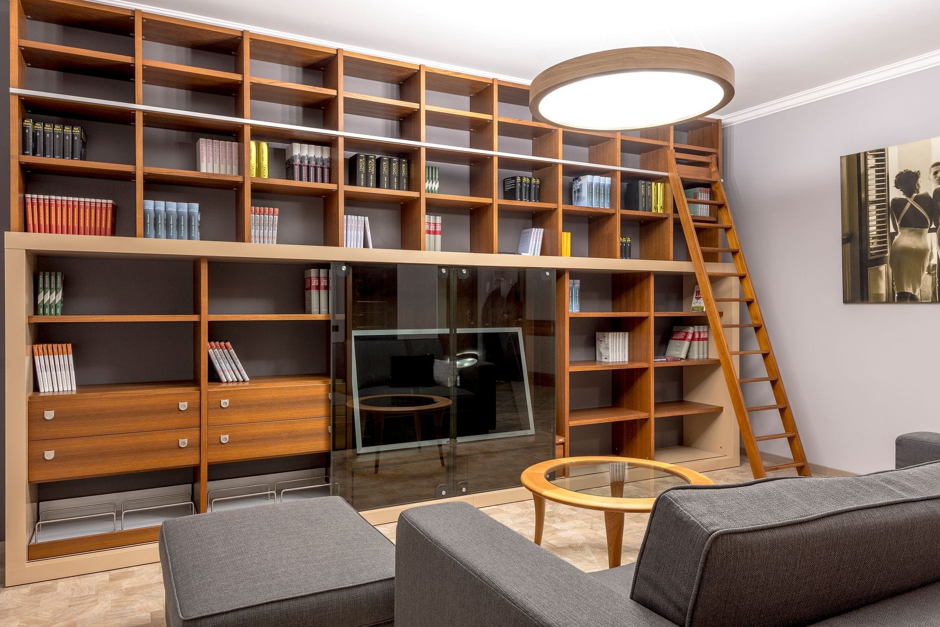 Finished bespoke oak library shelving with hand-cut dovetails